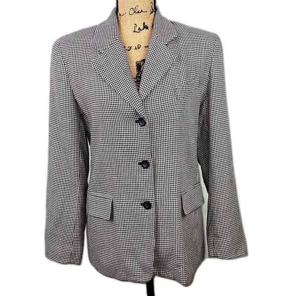 Jones & Co Vintage Houndstooth Gingham Blazer Wool Blend Black White Women's S - Picture 1 of 12